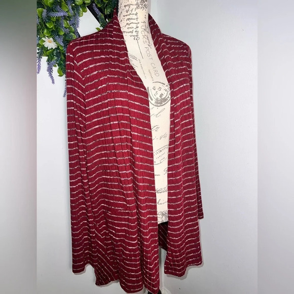 LOGO Lori Goldstein striped pockets long sleeve,shawl neckline, open cardigan Lg - Picture 4 of 11